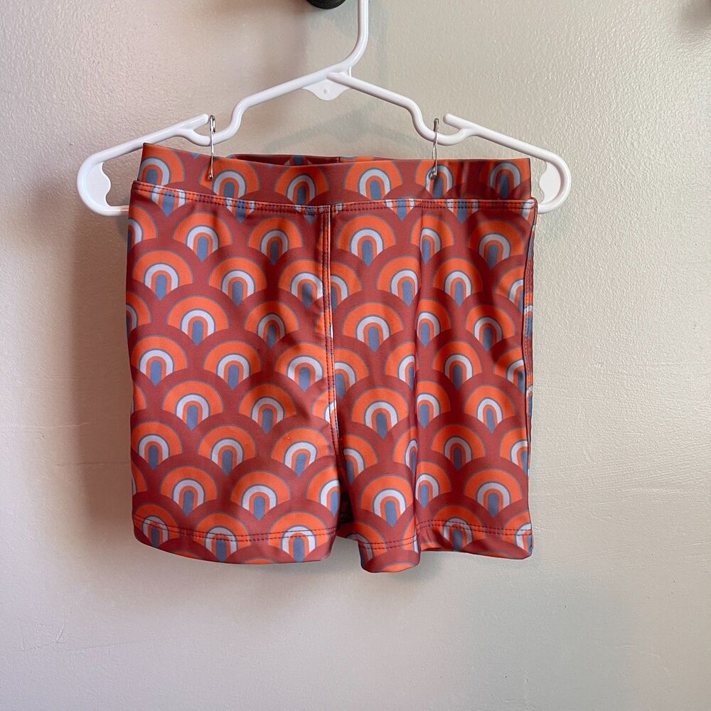 Kate Quinn 3T Swim Shorts | Rust Rainbow Retro Print Lined Swim Bottoms